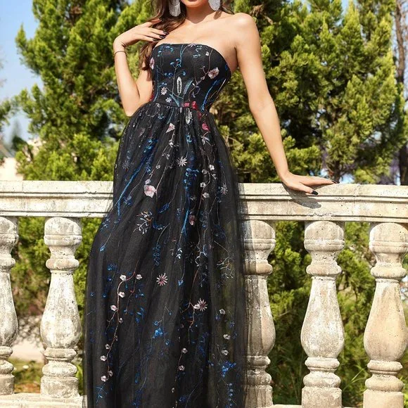 Brand New Floral Embroidery Mesh Overlay Dress Black - Picture 6 of 8